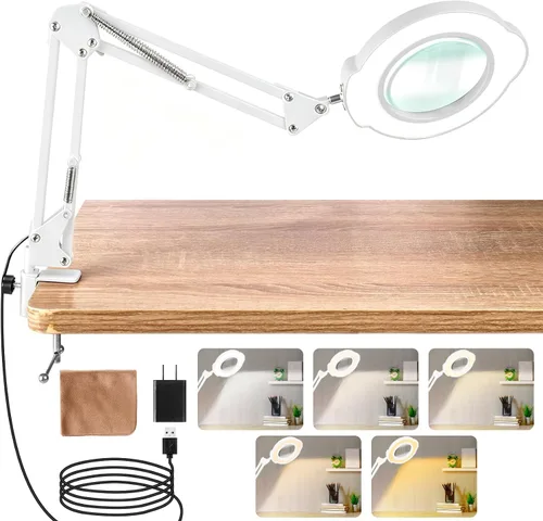 Vista 12 de Lupa grande de 10 veces con luz y soporte, lámpara de escritorio LED con abrazadera, 5 modos de color, 10 niveles regulables, manos libres para Negro