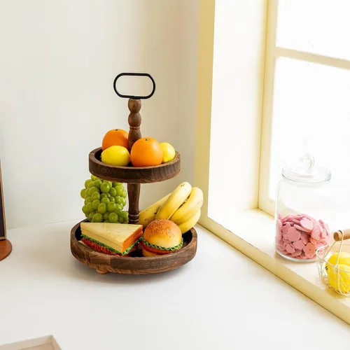 Vista 4 de Soporte de bandeja de 2 niveles para decoración del hogar, bandeja escalonada de madera para centro de mesa de cafetería, kit de bandejas Marrón