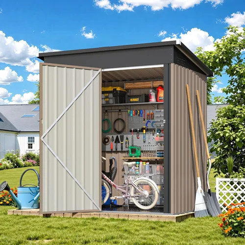 Vista 9 de AECOJOY Cobertizo de almacenamiento de metal para exteriores de 3 x 5 pies, cobertizo de herramientas de jardín resistente con puerta de gran