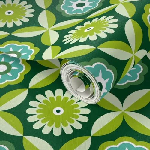 Vista 2 de Papel tapiz para despegar y pegar, diseño retro verde con diseño de flores vintage botánicas de los años 70 y 1960 Spoonflower