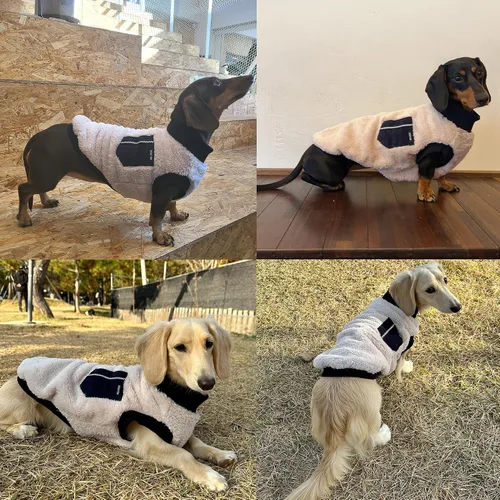 Vista 3 de D Doggy Star - Suéter de perro salchicha para perros, ropa de forro polar, abrigo de invierno (M, bolsillo azul marino)