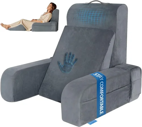 Vista 10 de Kayfia Almohada de lectura, almohada de espalda 10 en 1 para cama sentada con reposabrazos desmontable, respaldo con espuma viscoelástica de gel