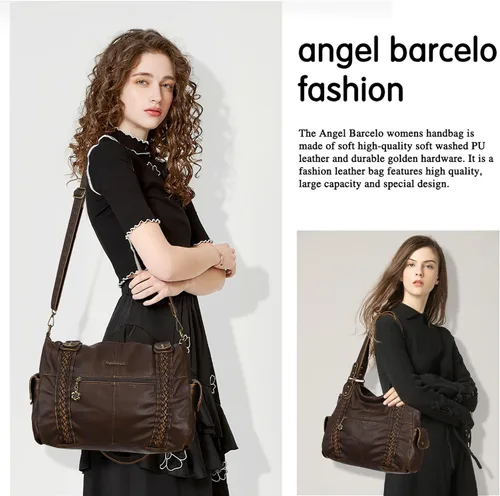 Vista 100 de Angel Barcelo - Bolsa de hombro amplia para mujer, diseño Hobo, cuero lavado