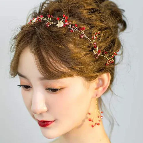 Vista 5 de Missgrace Vid de pelo de hoja roja de cristal, aretes y diadema para boda vintage, cumpleaños, fiesta, Halloween, joyería para el cabello para mujer