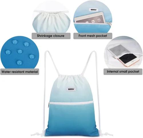 Vista 3 de WANDF Mochila con cordón de nailon resistente al agua para gimnasio, compras, deporte, yoga, Azul Gradiente, Compacto