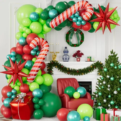 Vista 7 de Kit de arco de guirnalda de globos de Navidad de 183 piezas con globos rojos de Navidad, lima, verde oscuro, verde metálico, globos de papel