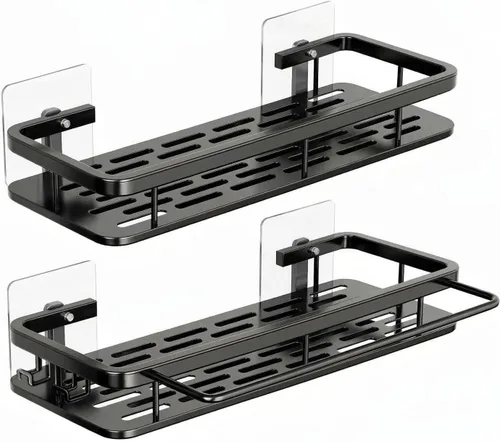 Vista 7 de EVALAND Paquete de 2 soportes adhesivos para ducha con ganchos y barra para toallas, color negro, estantes de ducha de baño de alta calidad