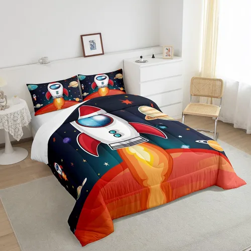Vista 4 de Juego de edredón espacial para niños, 2 piezas, estampado de cohetes espaciales, tamaño individual, con funda de almohada, relleno de edredón