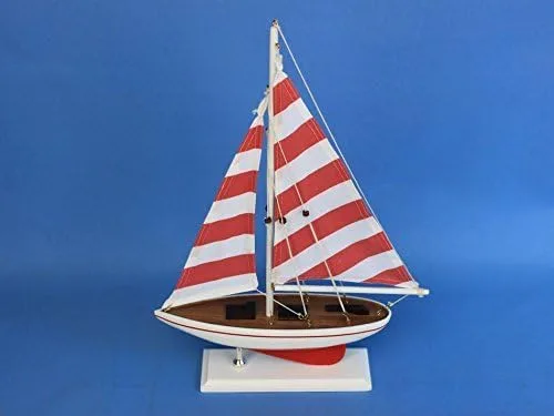 Vista 2 de Rojo Pacific Sailer alla – 17" – Modelo Velero – Centro de Mesa de madera – de rayas náuticas