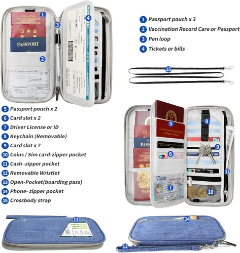 Vista 2 de Cartera para pasaporte soporte para pasaporte RFID con ranura para tarjeta de vacunación para familia mujeres y hombres organizador de documentos