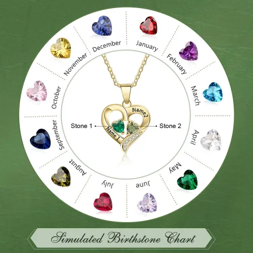 Vista 2 de Love Jewelry - Collar de Plata de Ley Personalizado con 2 Nombres y 2 Corazones de Piedra de Nacimiento Simulada para Pareja, Colgante para Mujer