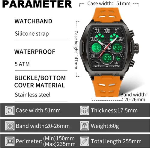 Vista 6 de Tonneau - Reloj de pulsera analógico digital para hombre, reloj de pulsera táctico militar único, reloj de pulsera impermeable con cronómetro