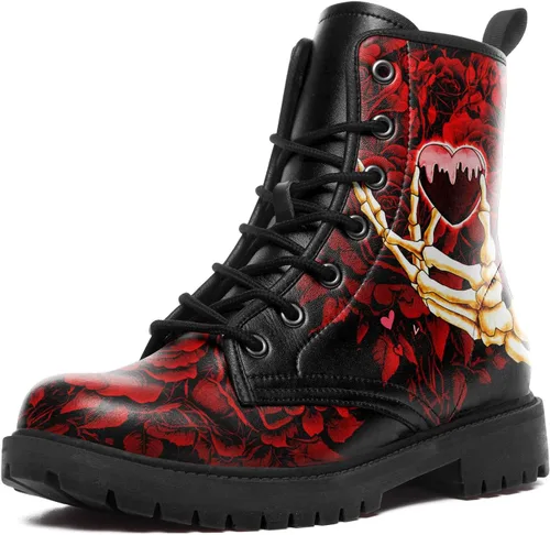 Vista 9 de Botines de combate para mujer, con estampado de corazón, botines cortos de moda con rosas y calavera, botas de trabajo duraderas con cordones