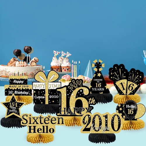 Vista 5 de 9 piezas de decoración de cumpleaños negro dorado 16 centros de mesa de panal para niños y niñas, centros de mesa de feliz cumpleaños 16 Oro negro 16