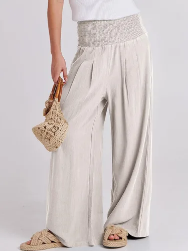 Vista 2 de ANRABESS Pantalones palazzo de lino para mujer, estilo bohemio, pierna ancha, cintura alta, informal, para descansar, playa, viajes, vacaciones