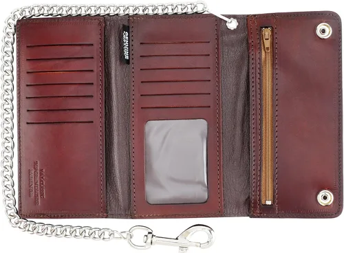 Vista 4 de RFID bloqueo de tres pliegues vintage de cuero de vaca de estilo largo con cadena tarjetero cartera, hecho en Estados Unidos