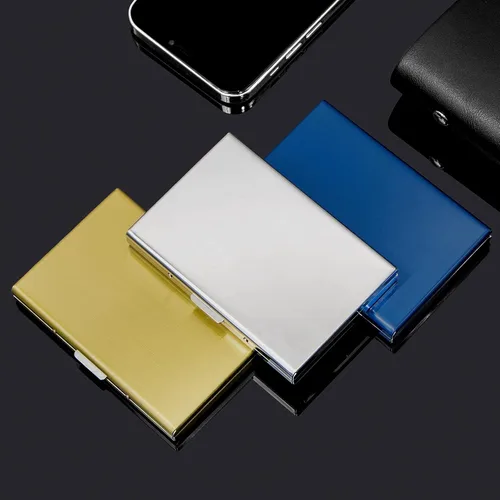 Vista 5 de YINHEXI Cartera para tarjetas de visita para hombres y mujeres, de metal, minimalista, delgada, con bloqueo RFID de acero inoxidable para hombres