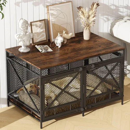 Vista 7 de Muebles de jaula para perros, mesa de madera para perrera, casa grande resistente para perros de interior con tres puertas, 43 pulgadas
