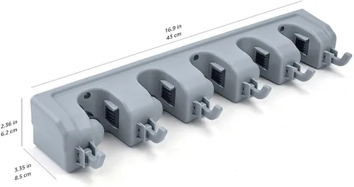 Vista 6 de Amazon Basics Organizador de almacenamiento rectangular resistente de montaje en pared para escobas, fregonas o herramientas con ganchos y ranuras