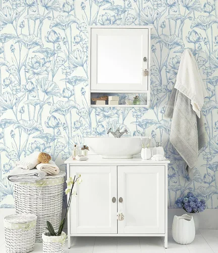 Vista 5 de Vinjiasin Papel tapiz autoadhesivo para despegar y pegar, papel de contacto floral azul moderno, papel de pared de loto para baño, dormitorio