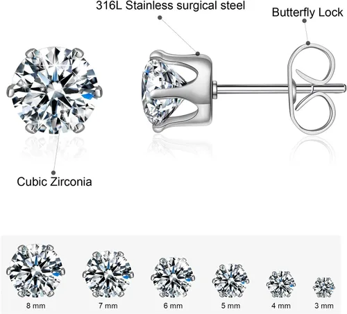Vista 2 de Juego de 6 pares de aretes tipo dormilona de acero inoxidable 316L con circonita cúbica transparente para mujeres y hombres, de 0.315 a 0.3