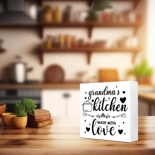 Vista 7 de LVQHI Letreros divertidos de madera para cocina, diseño de Kithcen de la abuela hecho con amor, caja de madera para estante de cocina, decoración
