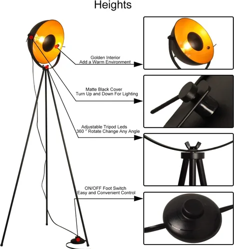 Vista 4 de COSYLUX Lámpara de pie con trípode industrial para sala de estar, moderna lámpara de pie alta satélite para dormitorios, oro negro (sin bombillas)