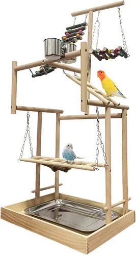 Vista 9 de Hamiledyi Parque de Loros Juguetes de Pájaros Soporte de Madera Ejercicio Perca Gimnasio con Tazas Alimentadoras Juguetes para Cacatúas con Escalera