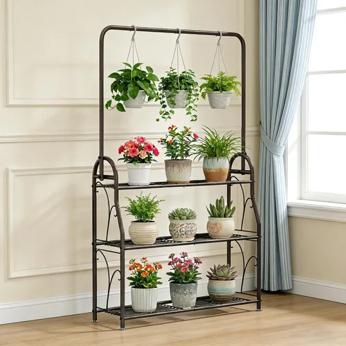 Vista 2 de SORCEDAS Soporte para plantas para interiores y exteriores, estante colgante de esquina de 3 niveles de alto, soportes de metal para flores, soporte