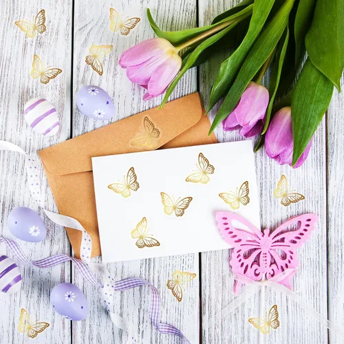 Vista 6 de Whaline 500 unidades de sellos de mariposa dorada, calcomanías de lámina dorada, calcomanías adhesivas de primavera para tarjetas de invitación