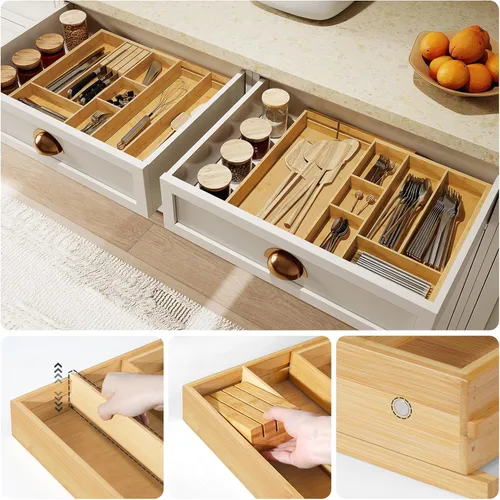 Vista 7 de HOOBRO Organizador grande de cubiertos para cajones de cocina, organizador de utensilios expandible con conexión magnética de 22 a 35 pulgadas