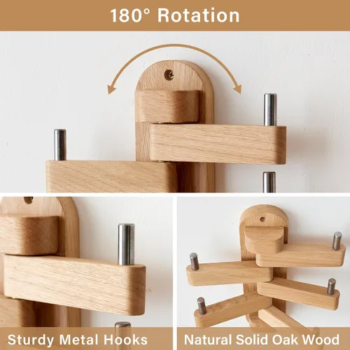 Vista 2 de Perchero giratorio de roble con ganchos para abrigos, ganchos de pared de madera con 5 brazos plegables giratorios, perchero de pared de 30 cm