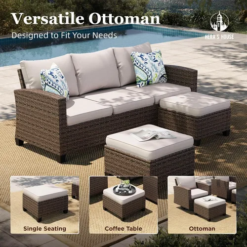 Vista 15 de HERA'S HOUSE - Juego de muebles para patio con mesa para fogata, muebles de mimbre para exteriores, sofá de conversación con asientos profundos