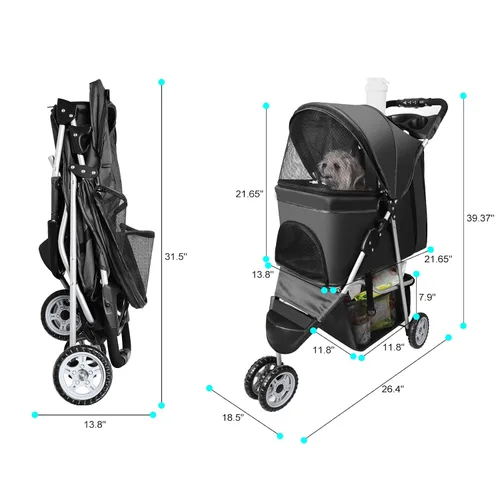 Vista 3 de Cochecitos para mascotas para perros y gatos pequeños, medianos y pequeños, cochecito de perro de 3 ruedas, plegable, flexible, fácil de llevar