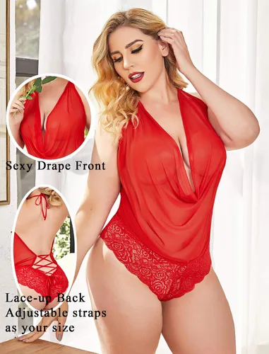 Vista 4 de Avidlove - Traje de lencería sexy para mujer diseño de peluche una pieza con encaje cabestro