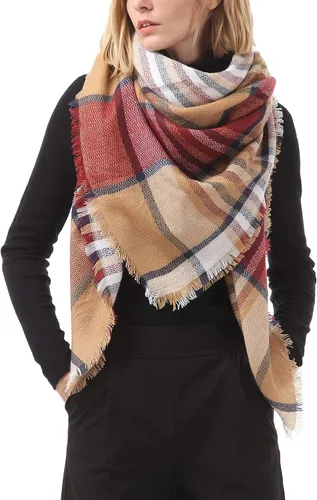 Vista 2 de Bufanda clásica de otoño e invierno para mujer, bufanda a cuadros con borlas, cálida, suave, gruesa, grande, bufandas