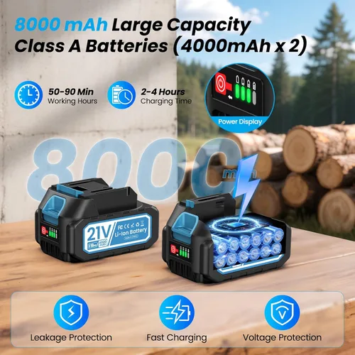 Vista 5 de Mini motosierra inalámbrica, de 8 pulgadas y 6 pulgadas con 2 baterías de 4000 mAh, motosierra de mano alimentada por batería para árboles, cortador