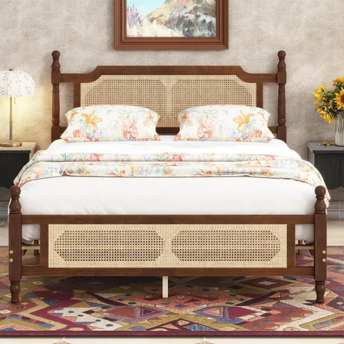 Vista 14 de JIVOIT Cama de plataforma de tamaño King con cabecera de 46.5 pulgadas de alto, marco de plataforma de madera de bambú maciza con listones de madera