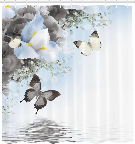 Vista 2 de Ambesonne Cortina de ducha floral, diseño de flores silvestres monarca voladoras lirio en lago Therapy Spa, juego de decoración de baño de tela