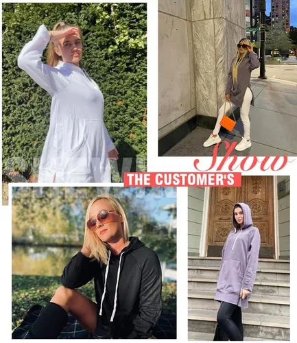 Vista 4 de SHEWIN Sudadera de gran tamaño para mujer, manga larga, dobladillo dividido, con bolsillo tipo canguro