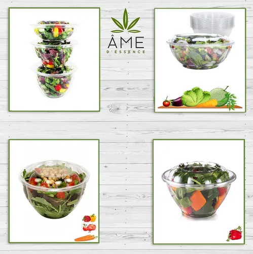 Vista 3 de AME D'ESSENCE Ensaladera de plástico de 9 pulgadas para llevar (64 onzas - 50 unidades) con tapas herméticas, recipientes redondos desechables