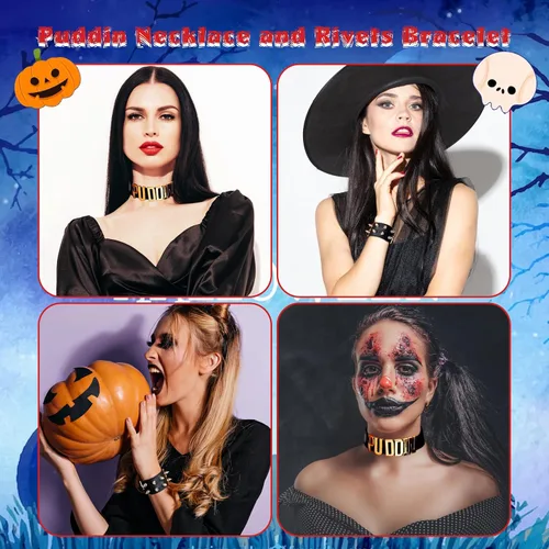 Vista 3 de YANCHUN Gargantilla Puddin para mujer, pulsera de cuero con pinchos, accesorios de disfraz de Halloween