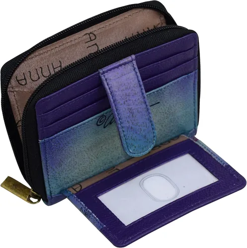 Vista 4 de Anna by Anuschka Cartera organizadora con cremallera de cuero genuino pintada a mano para mujer - familia elefante, Familia de elefantes, Cartera