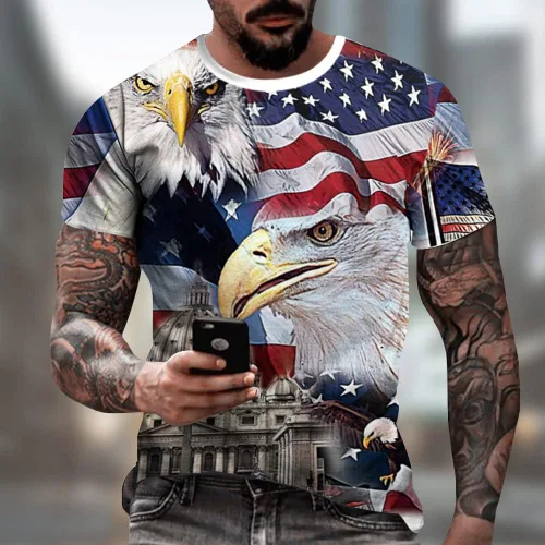 Vista 2 de Camiseta patriótica de manga corta para hombre con la bandera de Estados Unidos de América del 4 de julio, cuello redondo, suave, de verano