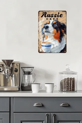 Vista 5 de Cartel de metal de café con diseño de perro y cafetería, diseño de pastor australiano, decoración de pared, 12 x 8 pulgadas