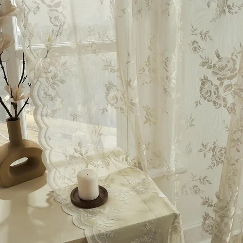 Vista 58 de Cortinas de encaje beige, juego de 2 paneles de cortinas traslúcidas con bolsillo para cortinero, decoración de ventana pequeña, baño, sótano