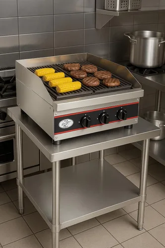 Vista 6 de Express-KitchQuip - Asador de carbón a gas comercial de 24 pulgadas para encimera, 2 quemadores, 40,000 BTU, acero inoxidable, 24 pulgadas de largo