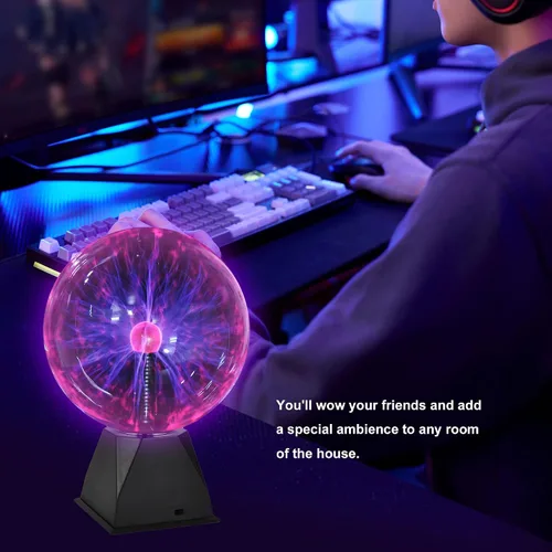 Vista 5 de PowerTRC Bola de plasma, lámpara de plasma nocturna de 8 pulgadas, globo de plasma alimentado por batería que responde al tacto y al sonido