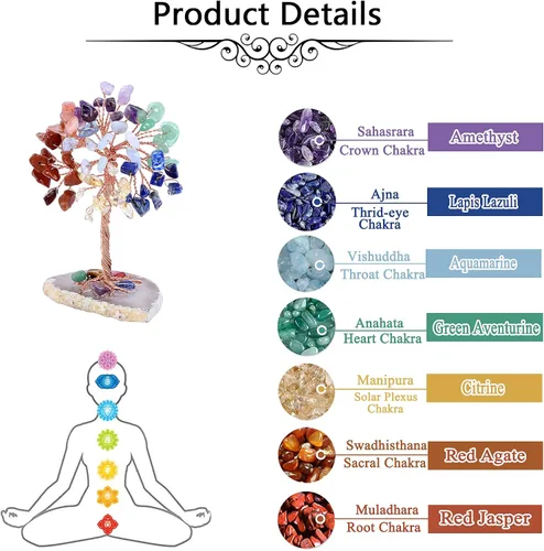 Vista 5 de Jovivi Árbol de cristales curativos naturales de 7 chakras en base de ágata, piedras curativas, árbol de dinero para Feng Shui, decoración de mesa