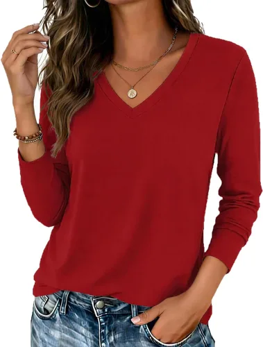 Vista 19 de Zeagoo Camisas de manga larga para mujer, cuello en V, casual, básica Rosa